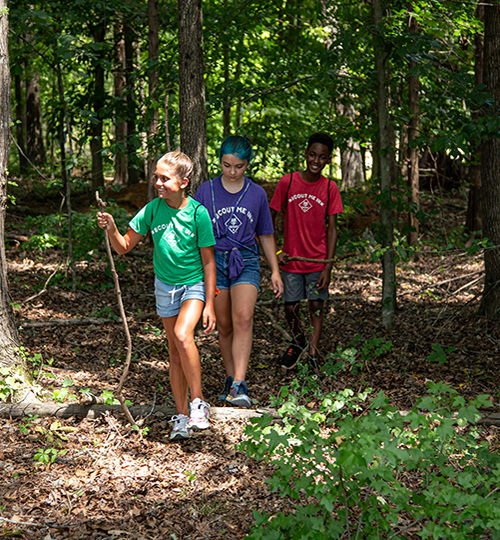 Hiking on a trail in the woods with walking stick; blue hair; colored hair